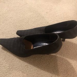 Brown fabric heels with crocodile tone  on tone pattern.  Cleaning my closet out